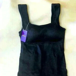 Hey Shape Black Ribbed Square Neck Short Body Suit. Size Large